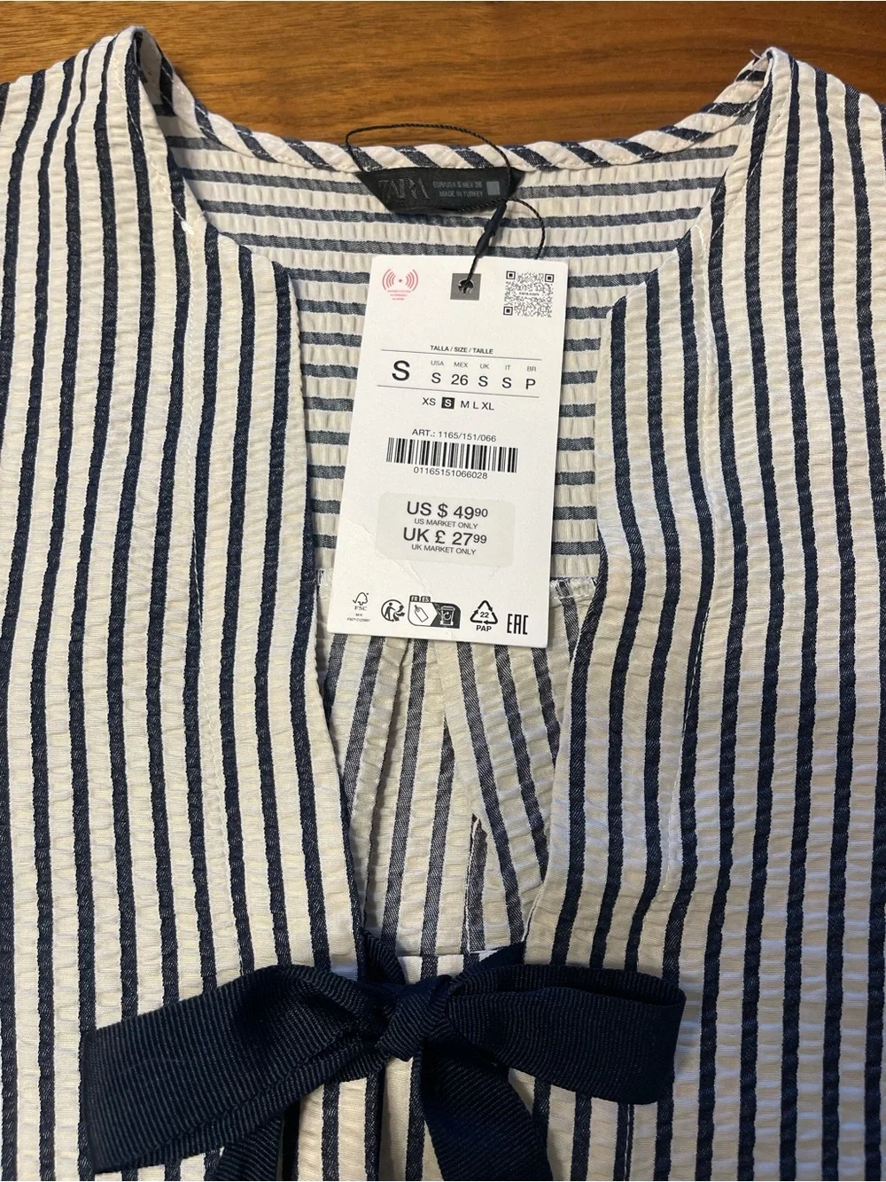 Zara Black and White Striped Puff Sleeve Tie-Front Blouse